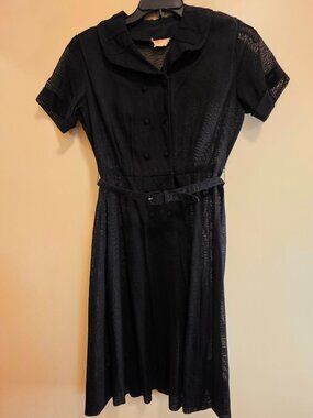 Vintage Young Size Sheer Black Dress with Belt, Double Breasted Buttons